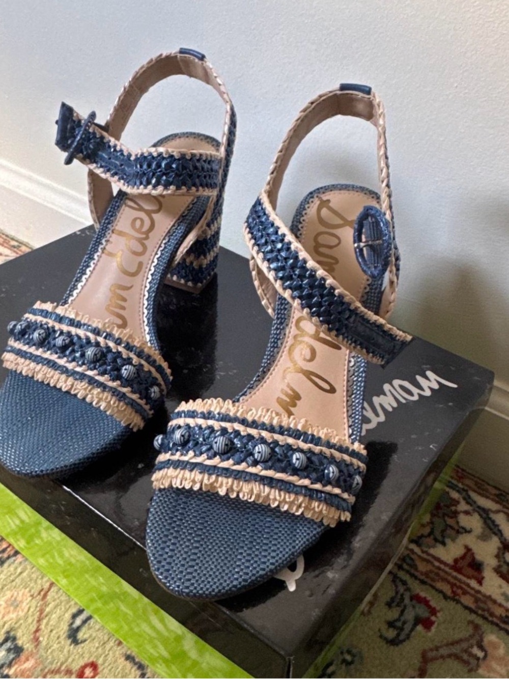 Sam Edelman Navy and Natural Braided Block Heel Sandals